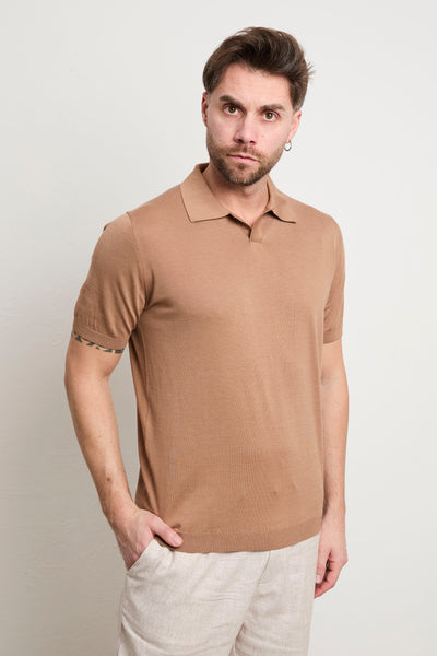 Kangra 3208 Camel Short Sleeve Cotton and Silk Jersey Polo Shirt