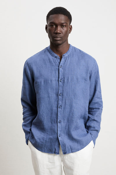 Keeling 3242 Blue linen long-sleeved Korean collar shirt