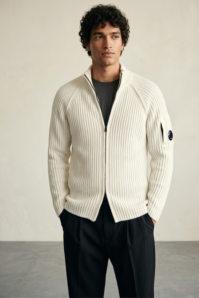 CP Company 4139 Fisherman Rib Cardigan Mélange White