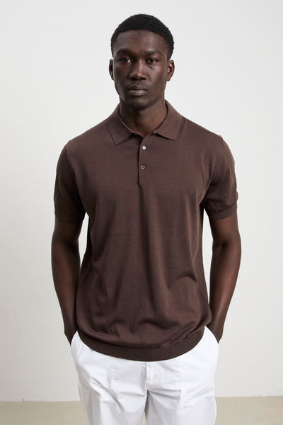 Kangra 3215 Mulberry Silk and Cotton Short-Sleeve Polo Shirt dark brown