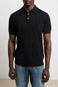 Reworked 3451 Black Short Sleeve Wide Ribbed Jersey Polo Shirt
