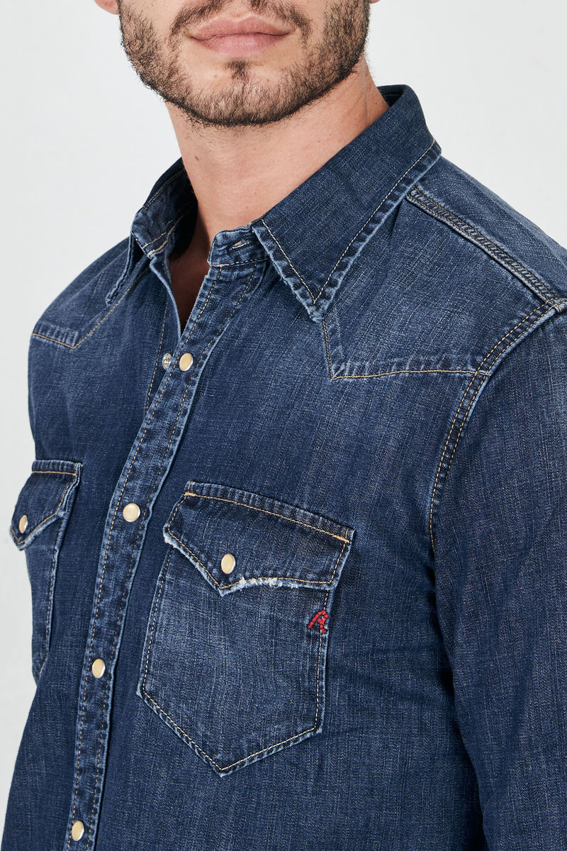 replay camicia jeans lavaggio scuro tasche cotone colore denim 7526
