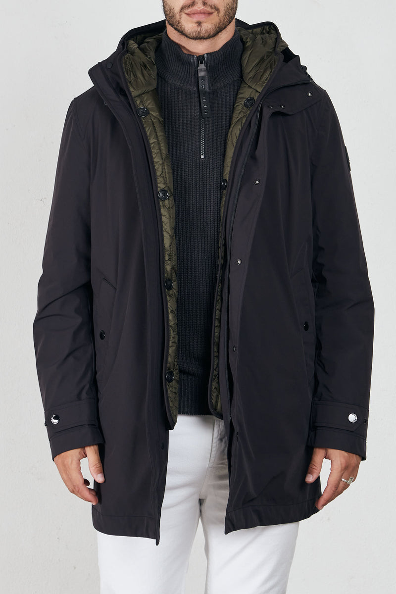 woolrich giaccone 3 in 1 in nylon elasticizzato con giacca trapuntata removibile cappuccio misto poliammide colore nero 7135