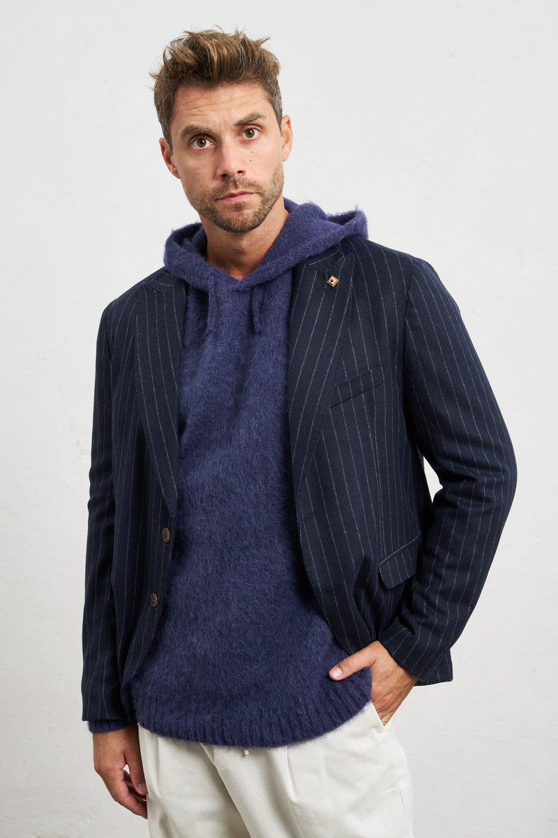 outfit giacca gessata righe a contrasto due bottoni sfoderata misto lana colore blu 7379