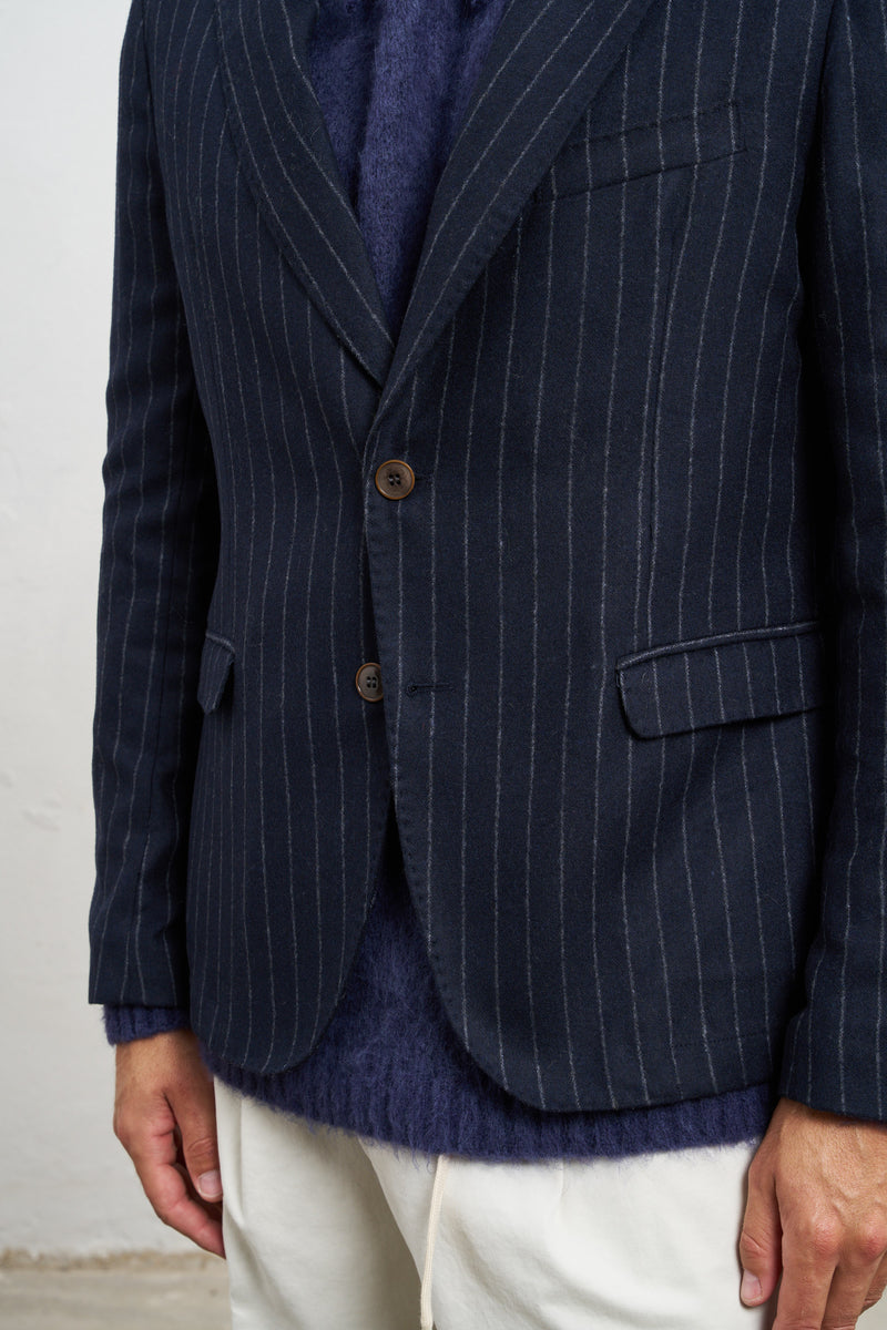 outfit giacca gessata righe a contrasto due bottoni sfoderata misto lana colore blu 7379
