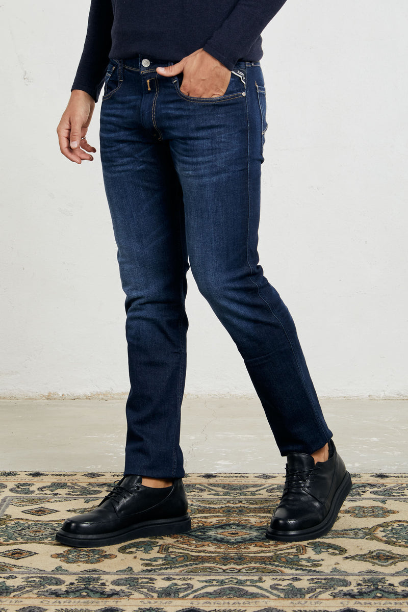 replay jeans anbass slim fit lavaggio scuro effeto vintage e sbiadito cotone colore denim 7523